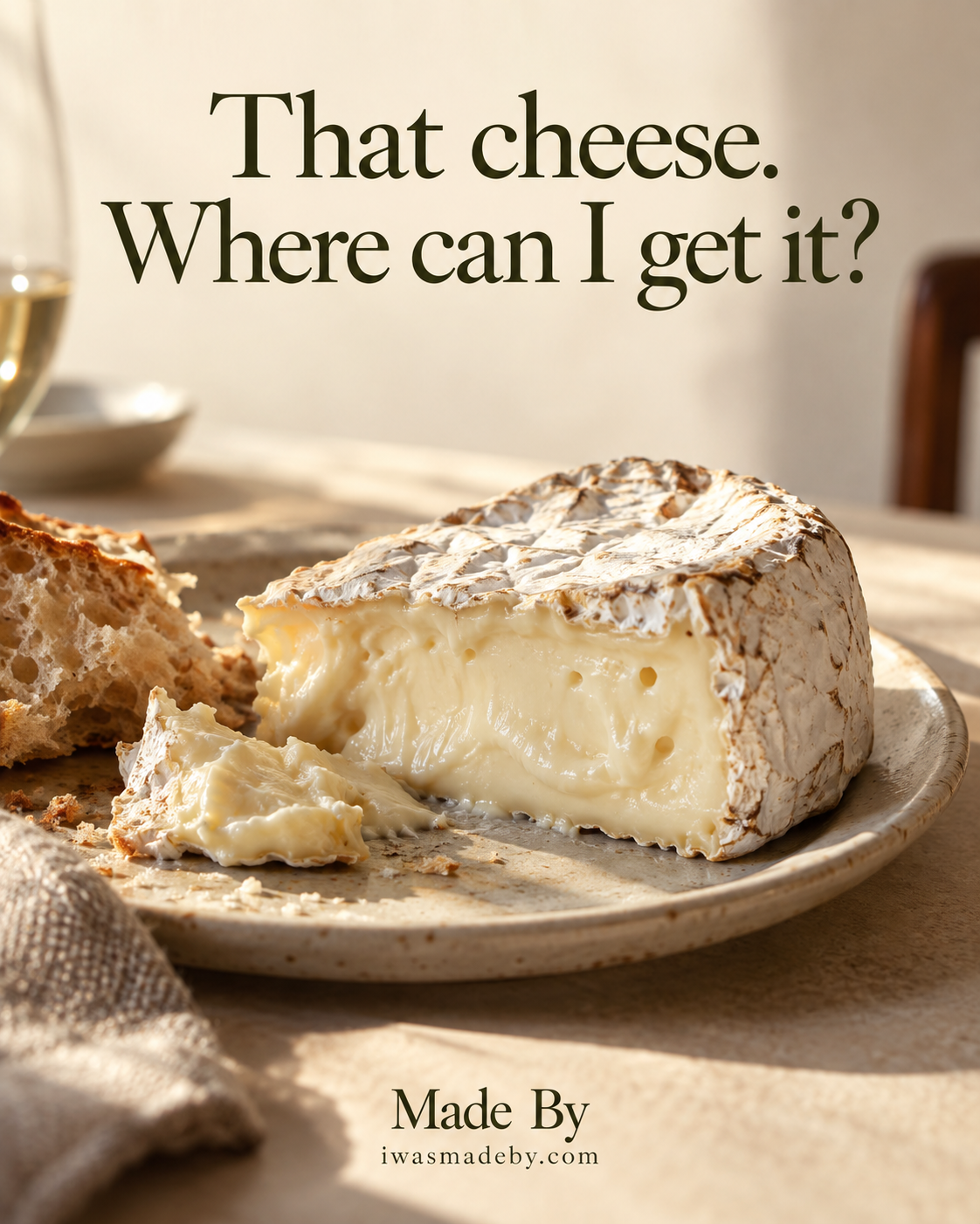 That cheese. Where can I get it? A soft cheese on a restaurant table. Made By.